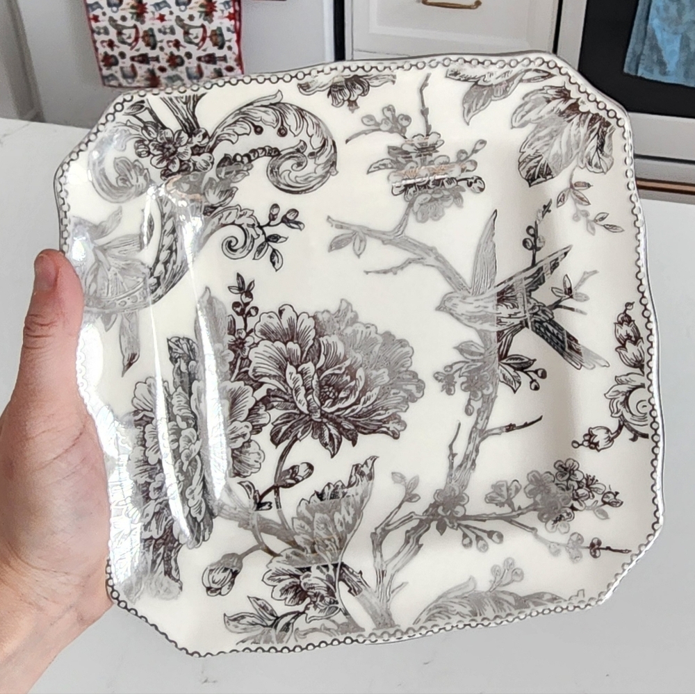 222 Fifth Adelaide Silver and OffWhite Floral Dinner Plate
